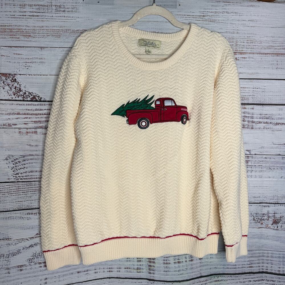 Cabela's Women's Large Christmas Sweater Red Truck Tree Cotton Holiday Cream